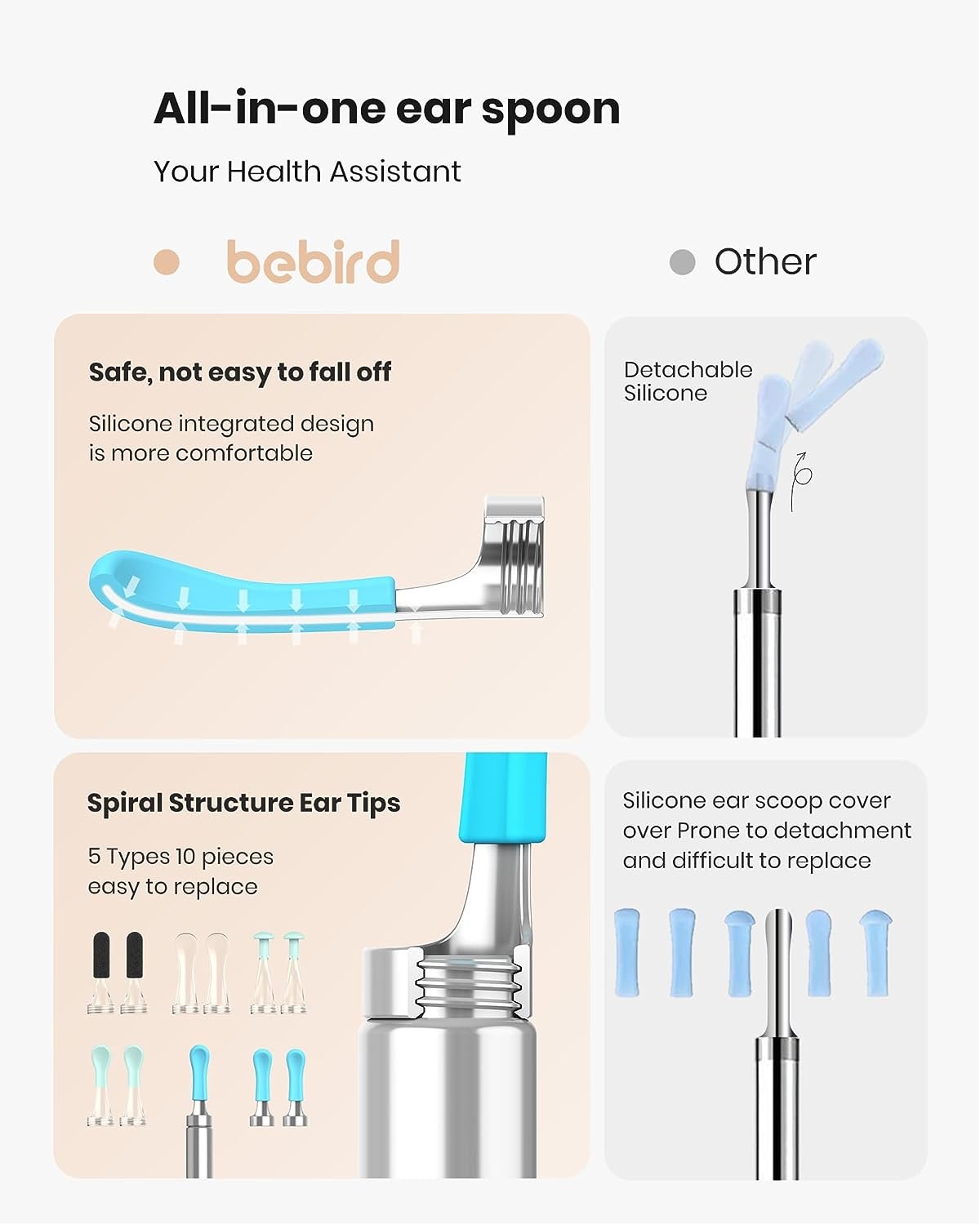 BEBIRD R1 Ear Wax Removal Tool - Spade Ear Cleaner with Ear Camera, 1080P Ear Scope, Earwax Remover Picker with 10 Replacement Tips Ear Pick with 6 LED Light for Earwax Cleaning, Support iPhone, Black