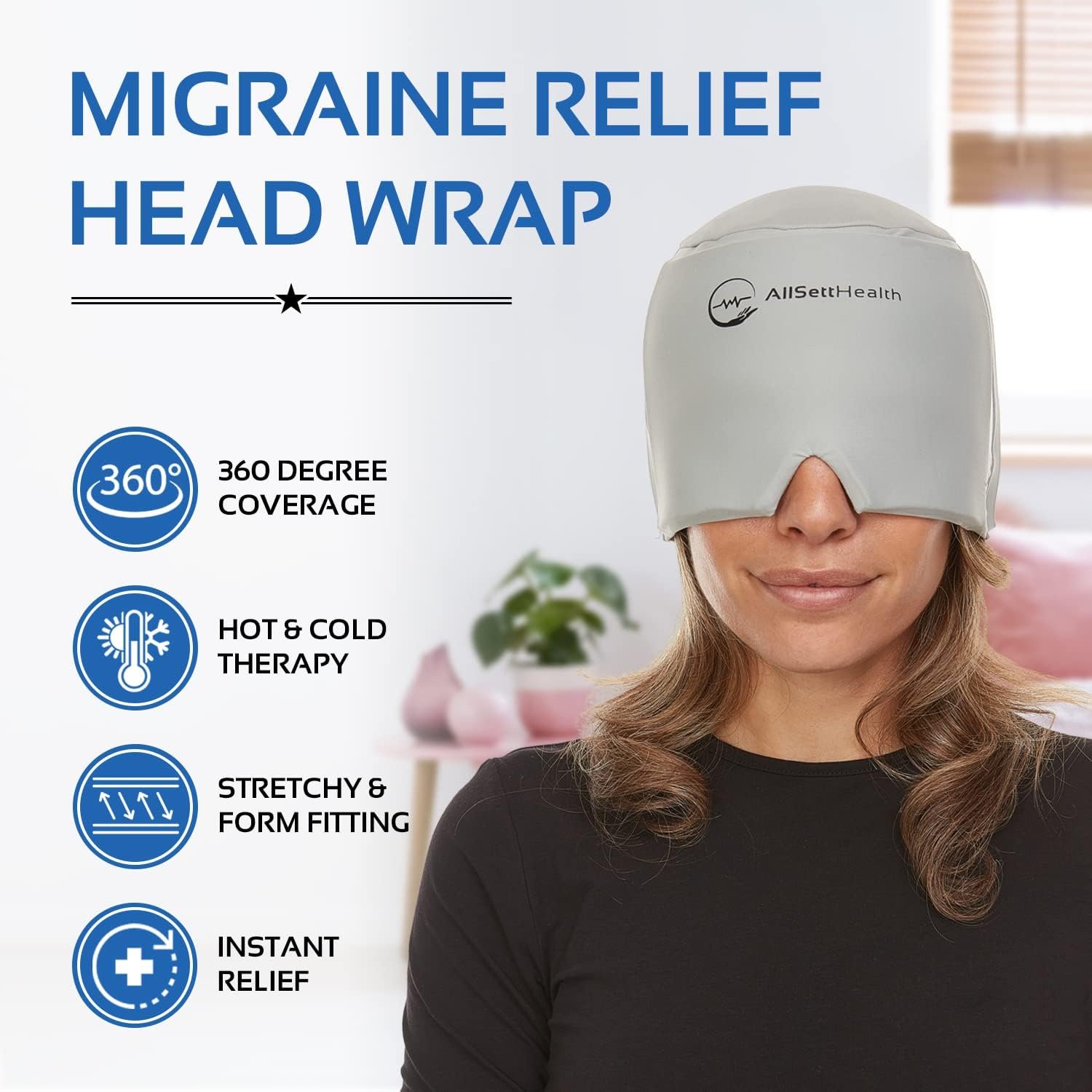 Migraine Relief Cap Ice Head Wrap Headache and Migraine Hat | Headache Relief with Hot/Cold Gel Head Ice Pack with Face and Eye Headache Mask Compress Black
