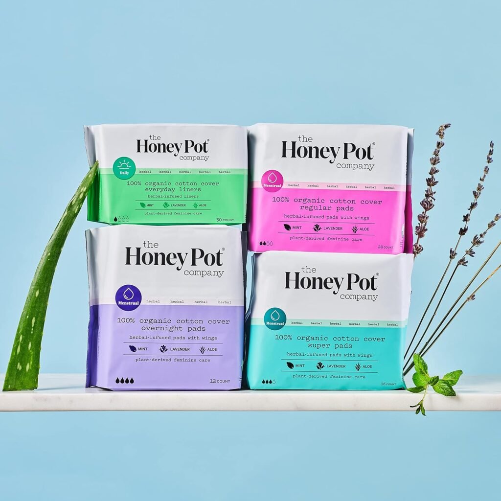 The Honey Pot Company - Overnight Pads with Wings. Infused w/Essential Oils for Cooling Effect, Organic Cotton Cover, and Ultra-Absorbent Pulp Core. 12 ct. 81aci Ec9 L. Ac Sl1500