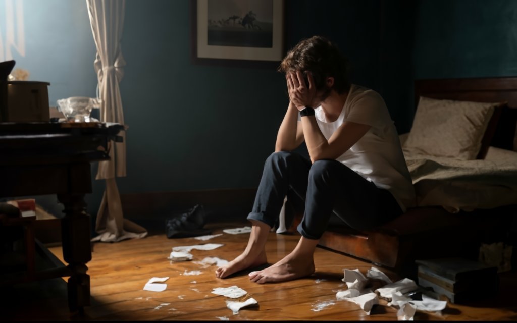 A Person Sitting Alone In A Dimly Lit Room Surr