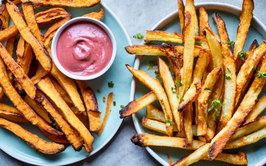 A Comparison Image Featuring Fried Foods And Hea